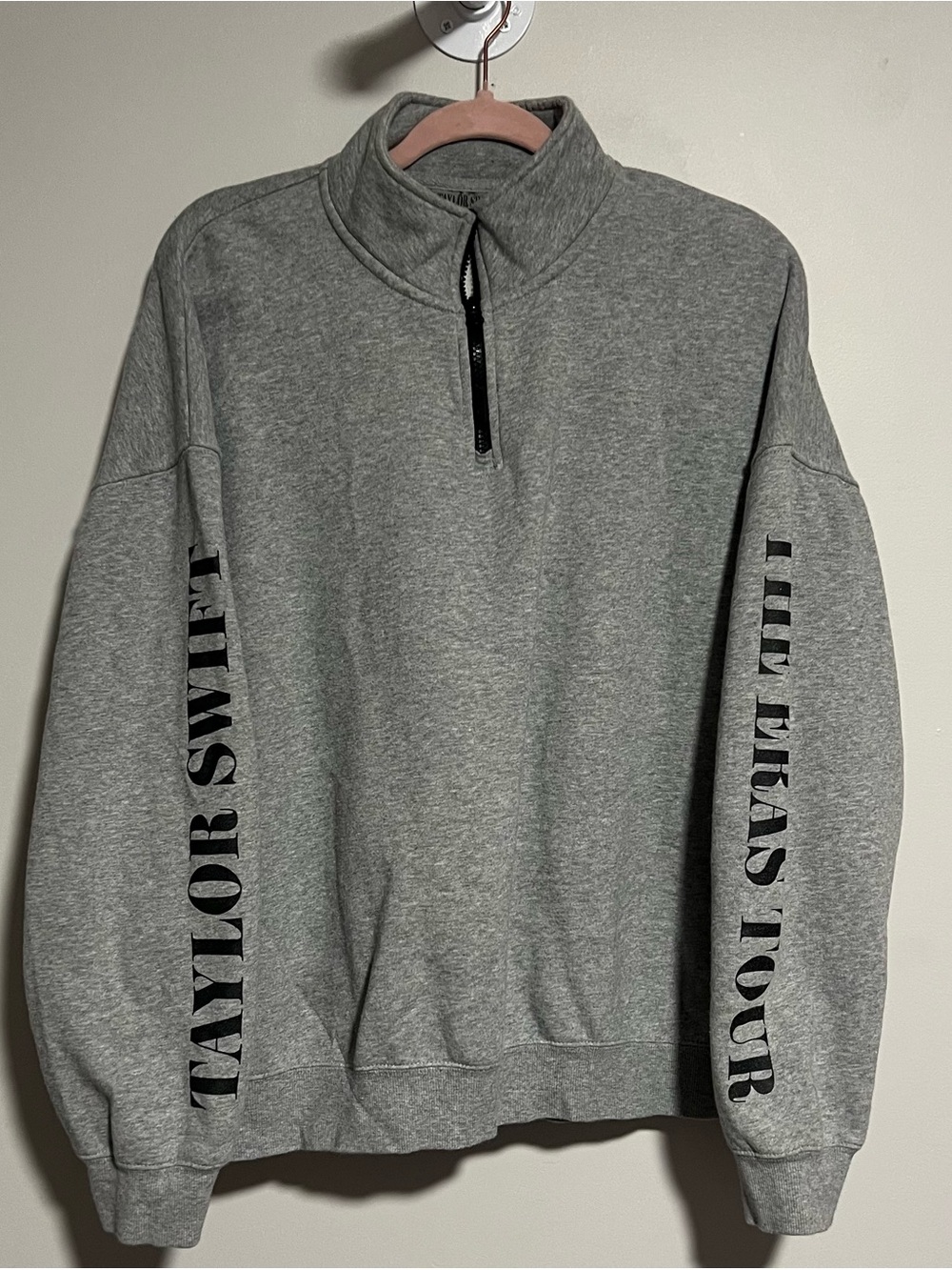 Taylor Swift Gray Quarter-Zip Sweater with Sleeve Text